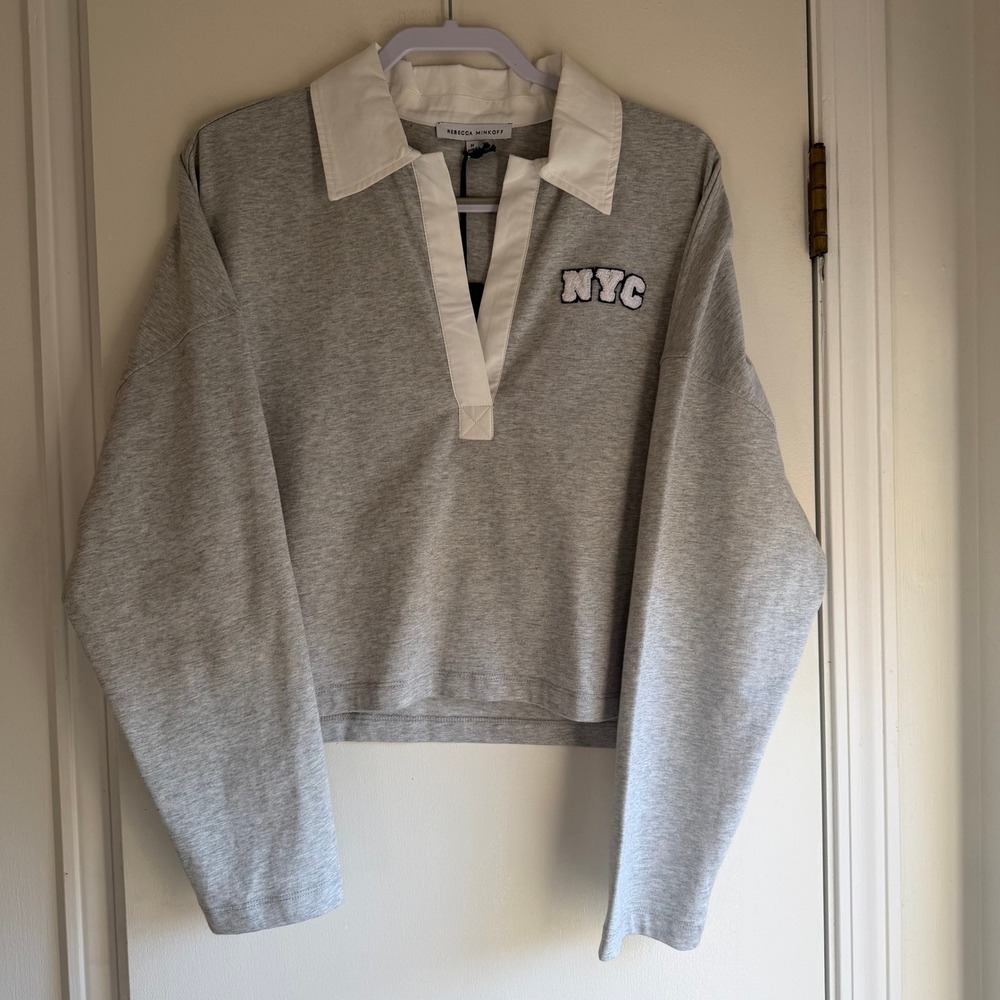 NWT Rebecca Minkoff Nici Rugby Shirt Heather Grey NYC Patch Cropped M